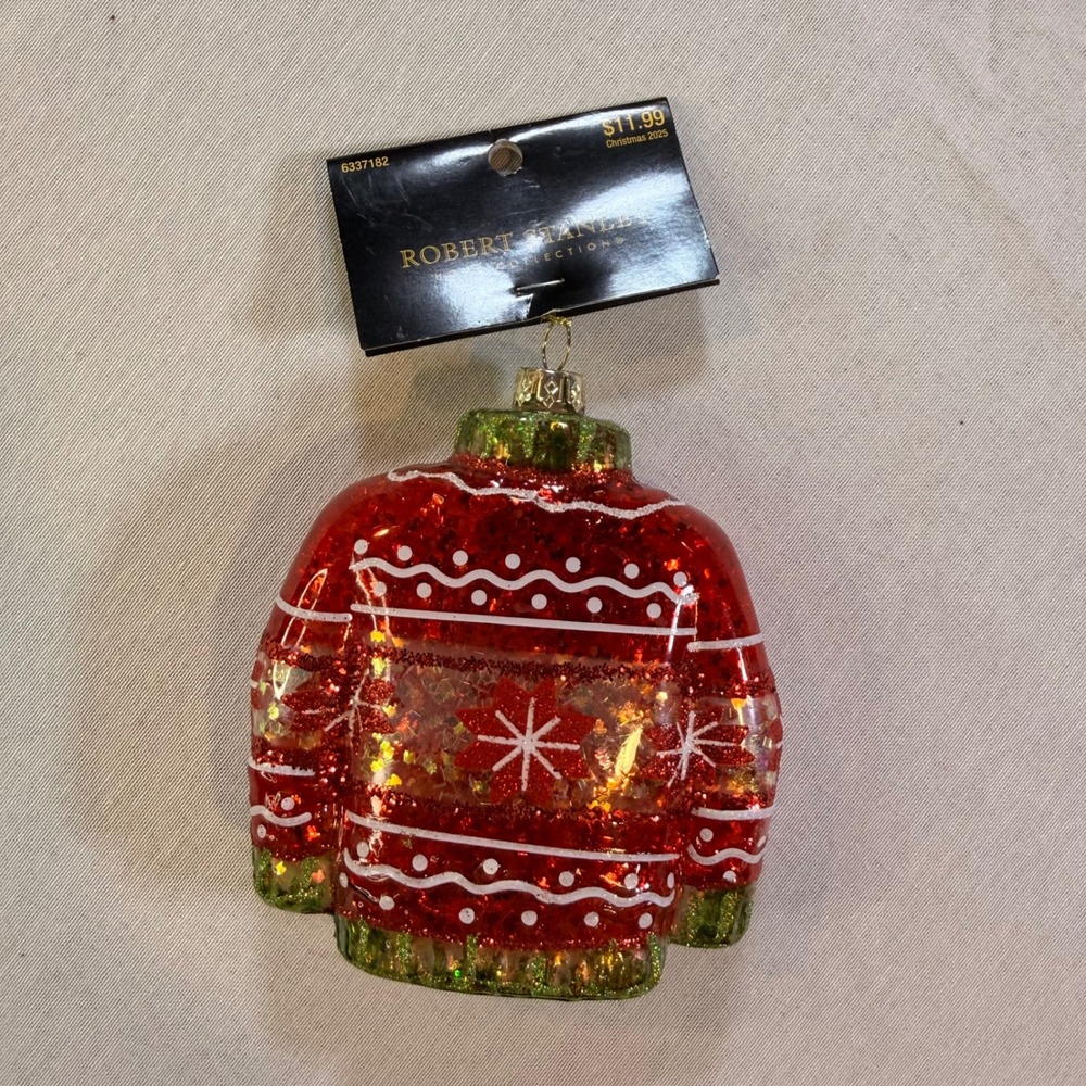 Robert Stanley Christmas Sweater Ornament Red Glitter Snowflake Festive Holiday
